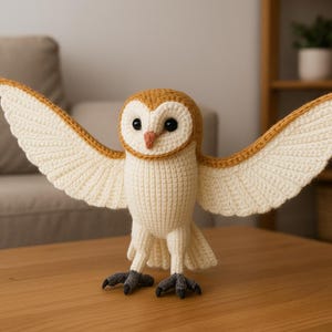 May include: A handcrafted crochet owl figurine with outstretched wings. The owl features a cream-colored body, a tan head, and wings with tan edging. The owl's feet are dark gray, and it has a small orange beak. The owl is displayed on a wooden surface.