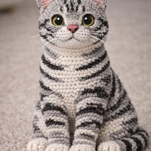Può includere: Figurina di gatto all'uncinetto, a righe grigie e nere, con occhi verdi e naso rosa. Il gatto è seduto, con pancia e zampe più chiare. Le orecchie sono rosa all'interno. Il gatto è su un tappeto chiaro. Fatto a mano.