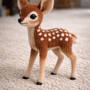 Puede incluir: Figura de ciervo de ganchillo, marrón con manchas blancas. El vientre y las patas son color crema. El ciervo tiene grandes ojos negros y orejas pequeñas y erguidas. La figura está sobre una alfombra crema.