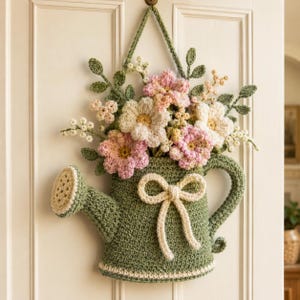 Può includere: Decorazione da parete a forma di annaffiatoio realizzata all'uncinetto. L'annaffiatoio verde ha un beccuccio e un bordo color crema. È pieno di fiori all'uncinetto rosa, crema e bianchi e foglie verdi. Un fiocco color crema adorna la parte anteriore.