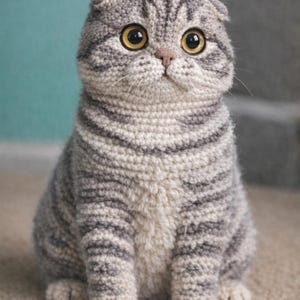 Puede incluir: Figura de gato de ganchillo en posición sentada. El gato es gris y blanco con grandes ojos amarillos y orejas dobladas. El gato hecho a mano tiene un patrón de rayas y está sentado sobre una alfombra beige.