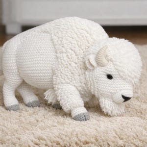 May include: A handmade, white crochet bison with gray hooves and small, tan horns. The bison has a textured, fluffy mane and a black nose and eyes. The plush animal is positioned on a cream-colored, textured surface.