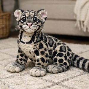 May include: A handmade leopard cub toy, featuring a detailed pattern of black spots on a tan and grey body. The cub has large, dark eyes, a pink nose, and is sitting on a light-coloured rug. The ears are lined with pink.