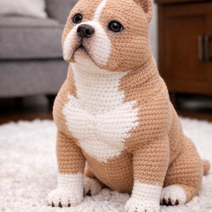 May include: A crocheted dog figurine in tan and white, sitting on a white rug. The dog has a tan body with white markings on its chest, face, and paws. The dog's eyes are dark brown, and it has a small, black nose.