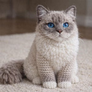 May include: A handmade, knitted cat with blue eyes and a fluffy, two-tone gray and white coat. The cat is sitting on a cream-colored rug. The cat's tail is curled to the side.