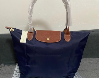 Longchamp Navy Blue Nylon Tote Bag Large, Lightweight Foldable Leather Trim Everyday Carry Bag