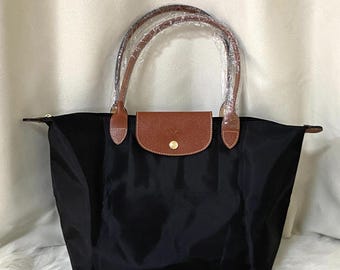 Longchamp Black New Nylon Tote Bag Large, Lightweight Foldable Leather Trim Everyday Carry Bag