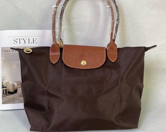Longchamp Brown Nylon Tote Bag Large, Lightweight Foldable Leather Trim Everyday Carry Bag