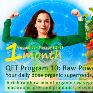 May include: Image promoting a health program. A woman in a green top flexes her arms. Text includes "1 month" and "QFT Program 10: Raw Power!" A colourful stack of vegetables and a glass of green juice are also shown.
