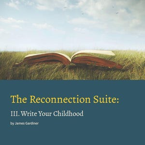 Puede incluir: Un libro abierto con páginas envejecidas descansa en un campo de hierba alta bajo un cielo nublado. El título del libro es "The Reconnection Suite: III. Write Your Childhood" de James Gardiner.