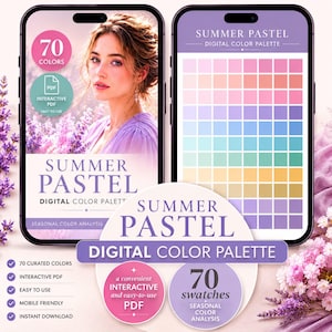 May include: Two smartphones displaying a Summer Pastel digital color palette. The left screen shows a person in a lavender top with lavender flowers, while the right screen displays a grid of 70 pastel color swatches. Text includes Summer Pastel.