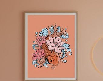 Koi Fish Floral Art Print – Japanese Illustration (Digital Download)