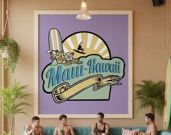 Maui Hawaii Surf Poster – Retro Island Travel Art (Digital Download)