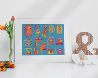 Retro Telephone Wall Art Printable | Vintage Phone Illustration Collection | Digital Instant Download