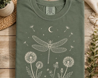 Dragonfly Nature Shirt, Flower Lover Gift, Womens Clothing, Gardening Tee, Cute Wildflowers Aesthetic, Dandelion Tee