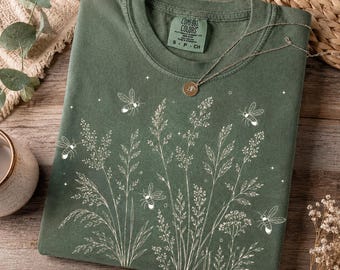 Firefly Wildflower T-Shirt, Cottagecore Cotton Tee, Boho Botanical Nature Lover Gift, Vintage Garden Aesthetic Clothing