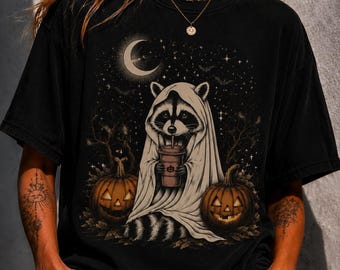 Cute Halloween Raccoon Ghost T-Shirt, Spooky Raccoon Pumpkin Shirt, Funny Fall Graphic Tee, Cozy Autumn Shirt, Raccoon Lover Gift