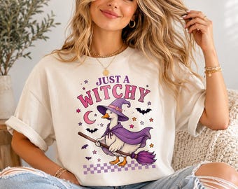 Just A Witchy Duck Shirt, Cute Halloween Duck T-Shirt, Witch Goose Graphic Tee, Spooky Fall Shirt, Funny Halloween Gift for Women Girls