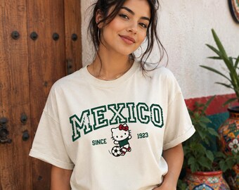 Mexico Soccer Kitty Shirt, Cute Cat Football Tee, Mexican Pride Graphic T-Shirt, Vintage Sports Fan Gift, Unisex Casual Tee