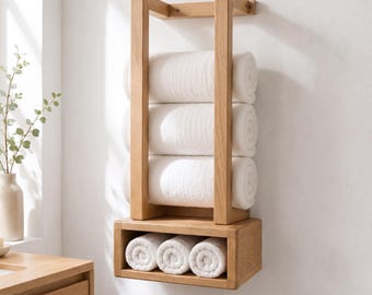 Handtuchhalter aus Holz, Wandregal fürs Badezimmer, Rollenhandtuchhalter, handgefertigte Handtuchaufbewahrung aus Holz