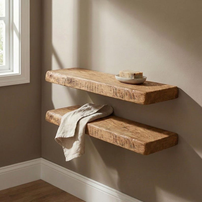 Pu&ograve; includere: Due mensole galleggianti in legno rustico montate su una parete beige. La mensola superiore contiene un piccolo piatto bianco con sapone. La mensola inferiore ha un asciugamano di lino beige piegato. Le mensole sono in legno grezzo.