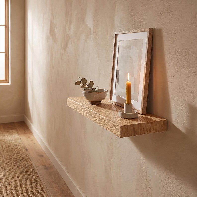 Oak Floating Shelf, Hidden Bracket Wall Decor, Scandinavian Bathroom Kitchen Storage, Rustic Custom Ledge image 14