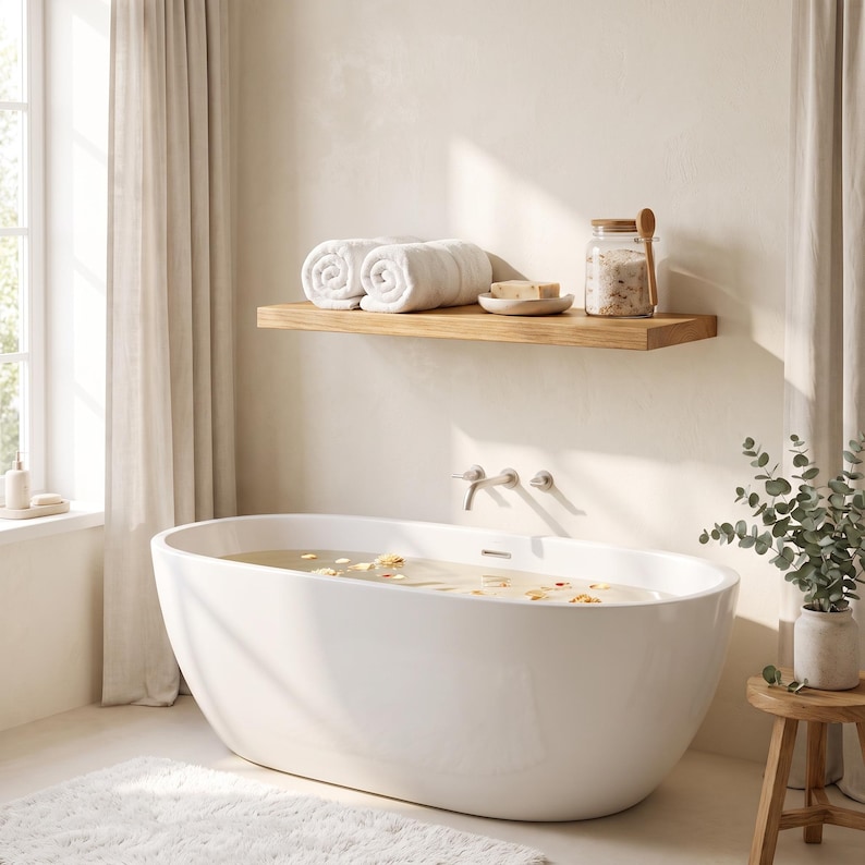 May include: A white freestanding oval bathtub filled with water and scattered flower petals. Above the tub, a light wood floating shelf holds two rolled white towels, a small dish with a bar of soap, and a glass jar with a wooden spoon.