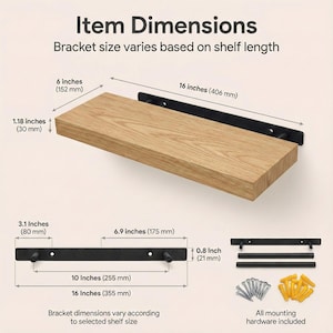 Pu&ograve; includere: Mensola in legno con staffe in metallo nero, con dimensioni. La mensola &egrave; lunga 406 mm, larga 152 mm e spessa 30 mm. La staffa &egrave; lunga 355 mm. L'hardware di montaggio &egrave; incluso. Testo: Dimensioni articolo.