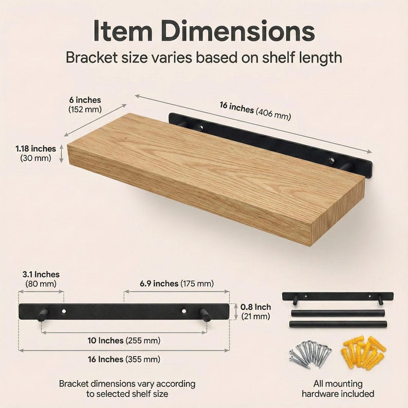 Pu&ograve; includere: Mensola in legno con staffe in metallo nero, con dimensioni. La mensola &egrave; lunga 406 mm, larga 152 mm e spessa 30 mm. La staffa &egrave; lunga 355 mm. L'hardware di montaggio &egrave; incluso. Testo: Dimensioni articolo.