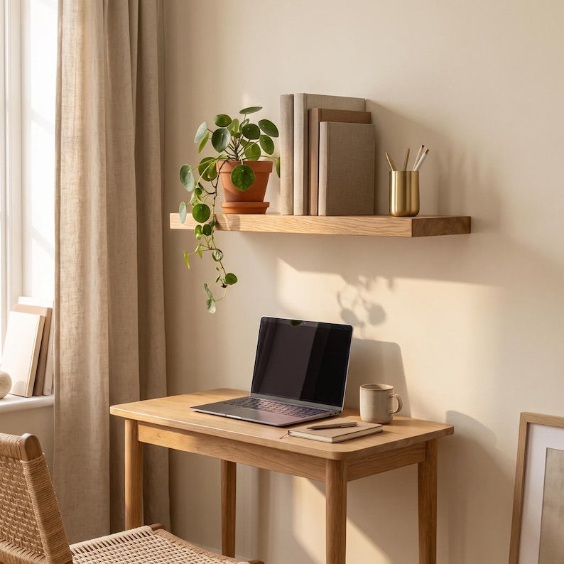 May include: A light wood floating shelf mounted on a wall, holding a potted Pilea peperomioides plant, three neutral-colored books, and a metallic gold pencil cup. Below the shelf sits a wooden desk with a laptop, a notebook, and a ceramic mug.