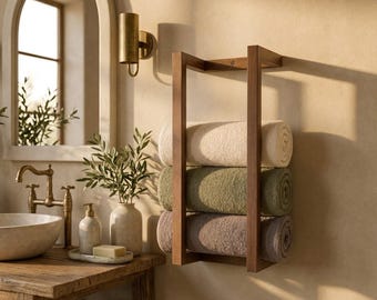 Wood Towel Rack, Wall Mounted Bathroom Storage Holder Minimal Rustic Organizer, Custom Length