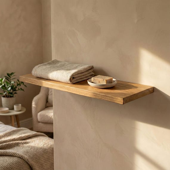 Solid Oak Floating Shelf with Hidden Bracket, Rustic Wooden Wall Shelf, Bathroom & Kitchen Shelf, Custom Size Scandinavian Oak Shelf