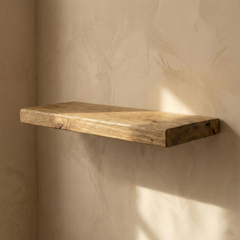 Oak Floating Shelf, Hidden Bracket Wall Decor, Scandinavian Bathroom Kitchen Storage, Rustic Custom Ledge image 2