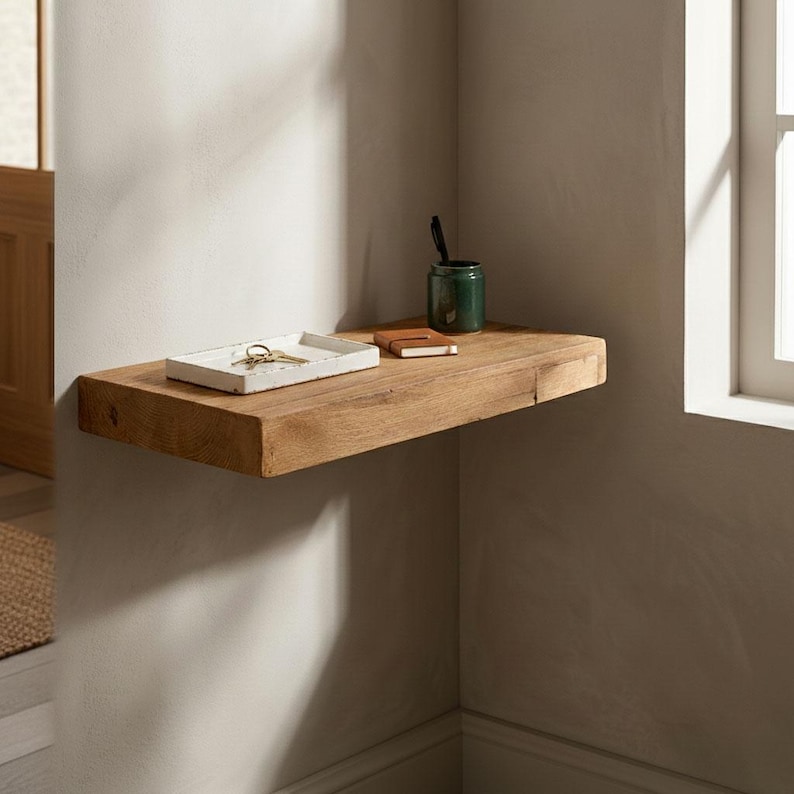 May include: A floating wooden shelf mounted on a light-colored wall. A white tray with keys, a small notebook, and a green jar with a pen are on the shelf. The shelf is made of natural wood and is installed in a corner.