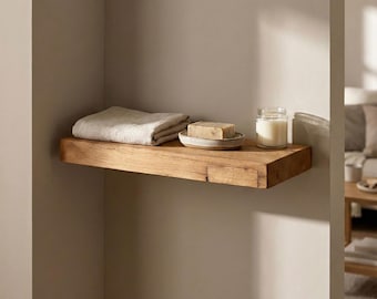 Handcrafted Aged Oak Floating Shelf, Rustic Solid Wood, Minimalist Decor