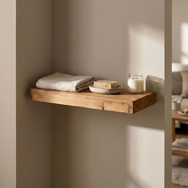 May include: A rustic wooden shelf displays a folded beige towel, a bar of soap on a small plate, and a glass jar with a white candle. The shelf is mounted on a neutral-colored wall, creating a minimalist aesthetic.