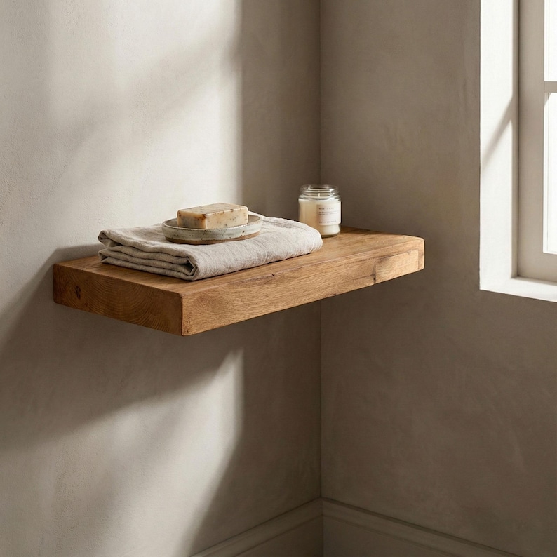 May include: A rustic, floating wooden shelf in a bathroom setting. The shelf holds a folded linen towel, a bar of soap on a small dish, and a glass jar candle. The wood has a natural grain and warm tone.