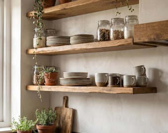 Set aus 3 schwebenden Regalen aus massiver Eiche und Walnuss, rustikale Küchendekoration im Landhausstil