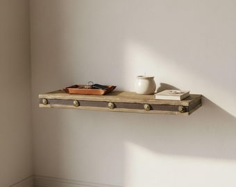 Rustic Fir Wood Floating Shelf – Handmade Wall Shelf with Leather Detail