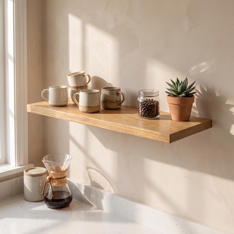 Oak Floating Shelf, Hidden Bracket Wall Decor, Scandinavian Bathroom Kitchen Storage, Rustic Custom Ledge image 6