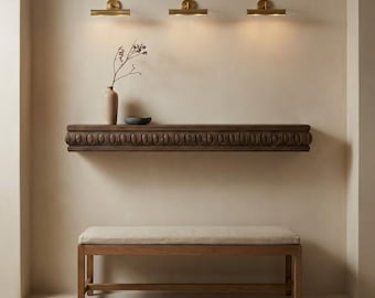 Floating Shelf Fireplace Mantel, Hand Carved Solid Wood in Dark Walnut