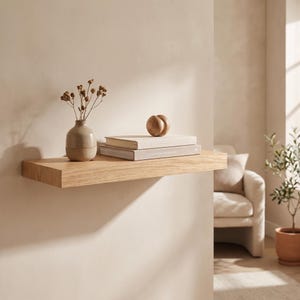 May include: A rectangular light-toned wood floating shelf mounted on a wall. On the shelf sits a small, rounded ceramic vase containing dried brown botanical stems, two stacked hardcover books, and a smooth, spherical wooden decorative object.