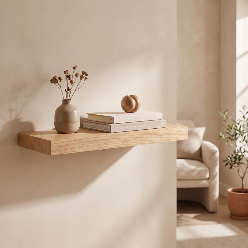 May include: A rectangular light-toned wood floating shelf mounted on a wall. On the shelf sits a small, rounded ceramic vase containing dried brown botanical stems, two stacked hardcover books, and a smooth, spherical wooden decorative object.