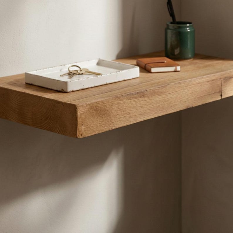 May include: A rustic wooden shelf with a white rectangular tray holding keys. A small brown notebook and a green ceramic jar with a pen are also on the shelf. The shelf is mounted on a light-colored wall.