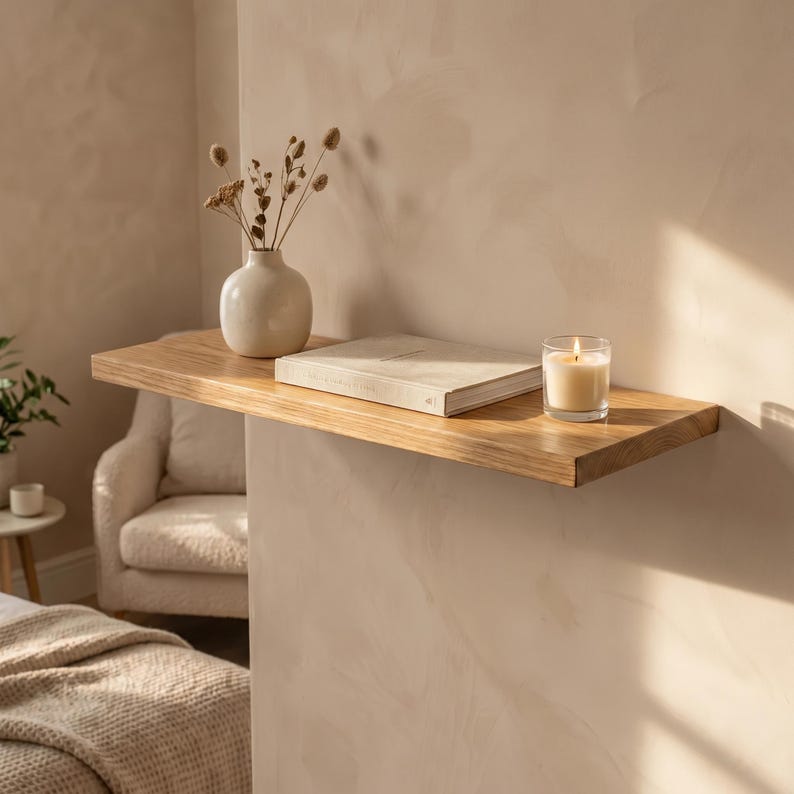 May include: A rectangular light-toned wooden floating shelf mounted on a beige wall. On the shelf sits a white ceramic vase containing dried stems, a closed light-colored book, and a small glass candle holder with a lit white wax candle inside.