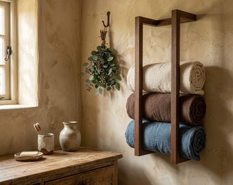 Wood Towel Rack, Wall Mounted Bathroom Storage Holder Minimal Rustic Organizer, Custom Length