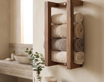 Walnut Wall Rack, Rolled Towel Holder, Handmade Minimal Bathroom Storage
