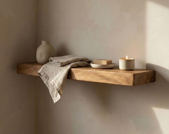 Floating Chestnut Wood Shelf, Solid Wood Wall Shelf, Straight Edge Wooden Shelf, Minimalist Bathroom Shelf, Handmade Natural Wood Decor