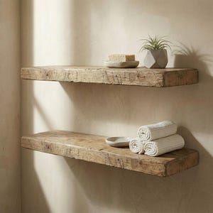 Pu&ograve; includere: Due mensole galleggianti in legno rustico montate su una parete beige. La mensola superiore contiene una piccola pianta grassa in un vaso geometrico e una saponetta su un piattino. La mensola inferiore mostra asciugamani bianchi arrotolati e un piattino rotondo.