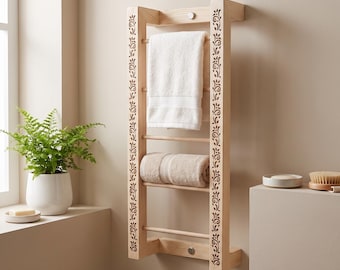 Dekorativer Handtuchhalter aus Holz, Wandhandtuchleiter fürs Badezimmer, mit lasergeschnittenem Blumendekor